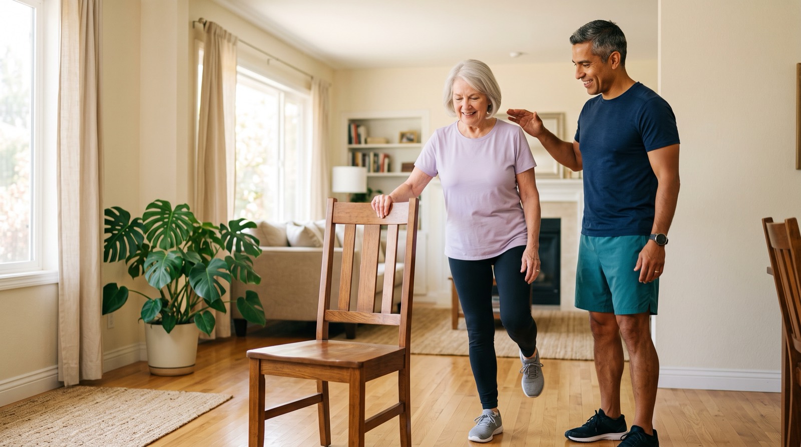 Certified trainer spotting an older adult woman as she balances on one leg beside a chair in a bright Miami living room