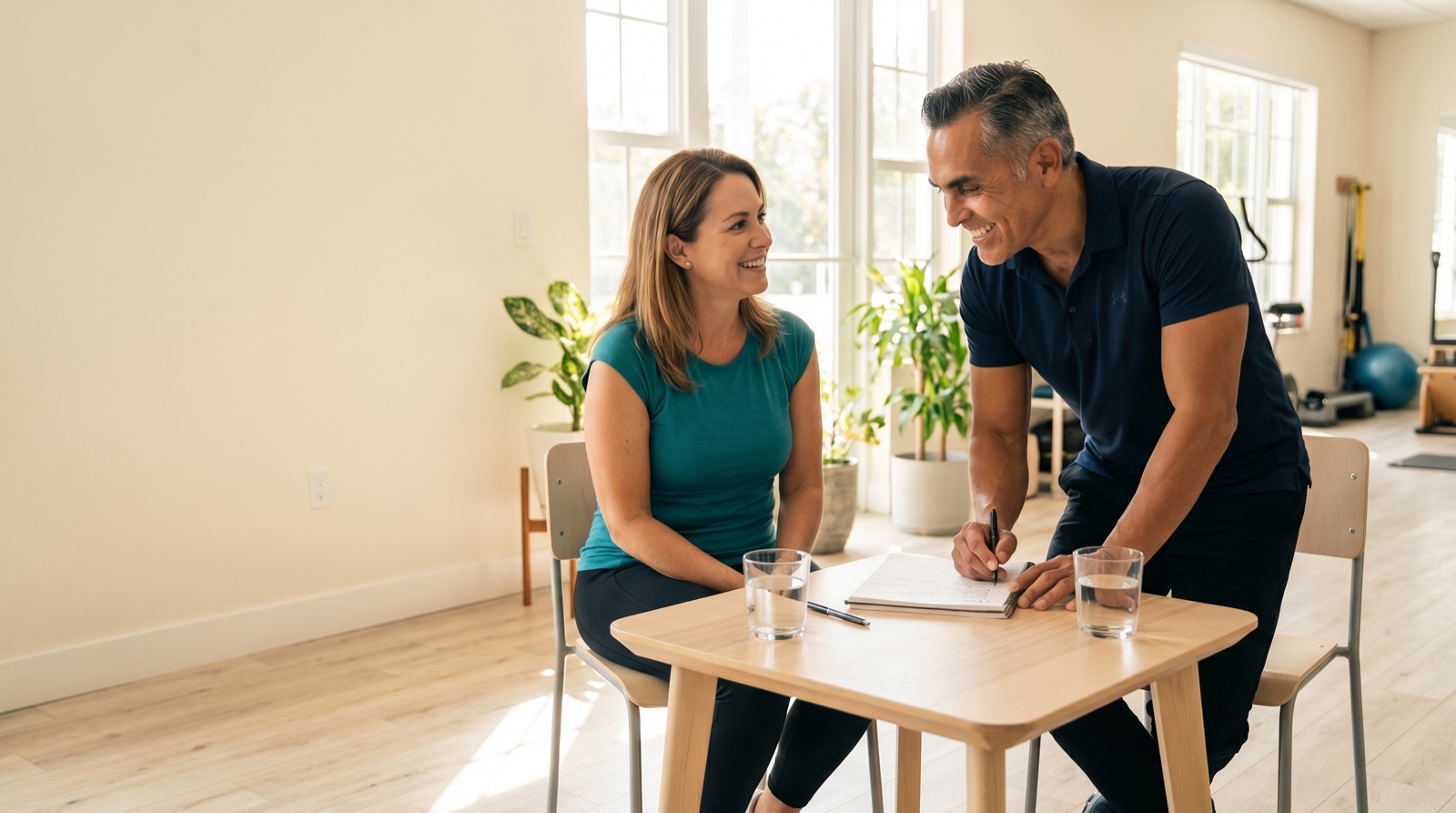 Entrenador personal en una consulta amistosa con una posible clienta adulta en un estudio de Miami