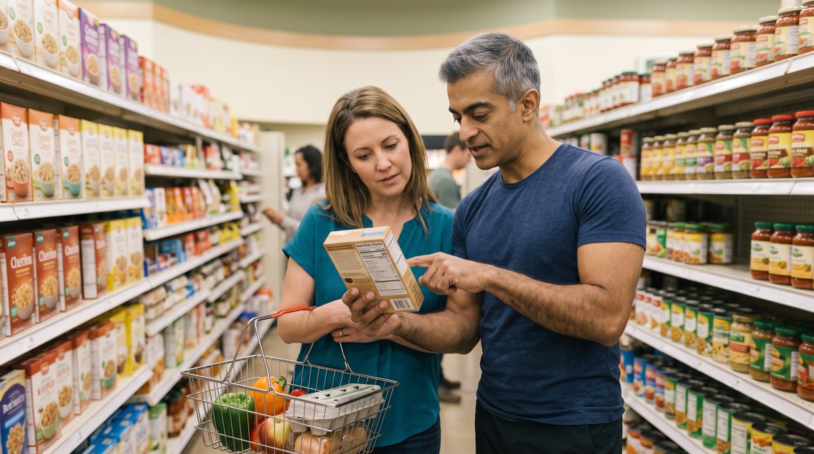 Coach de nutrición ayudando a una clienta a leer la etiqueta nutricional de un producto en el supermercado