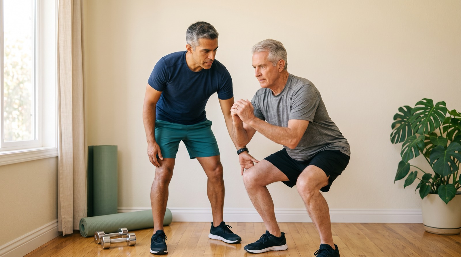 Personal trainer coaching a man in his sixties through a bodyweight squat in a home workout space