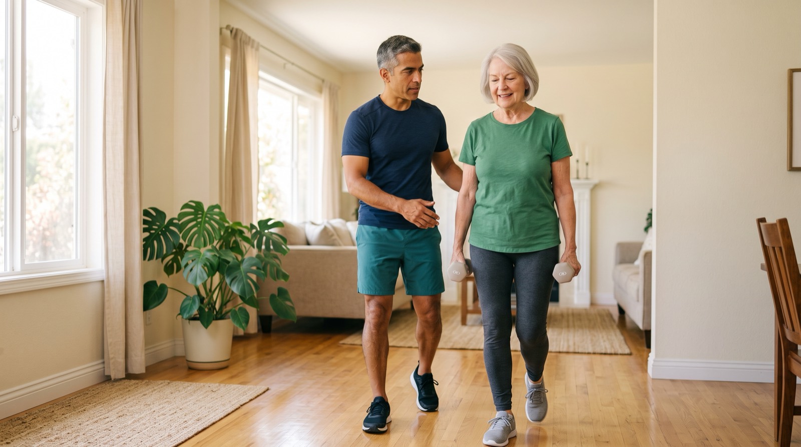 Trainer walking alongside an older adult woman performing a farmer's carry with light dumbbells at home