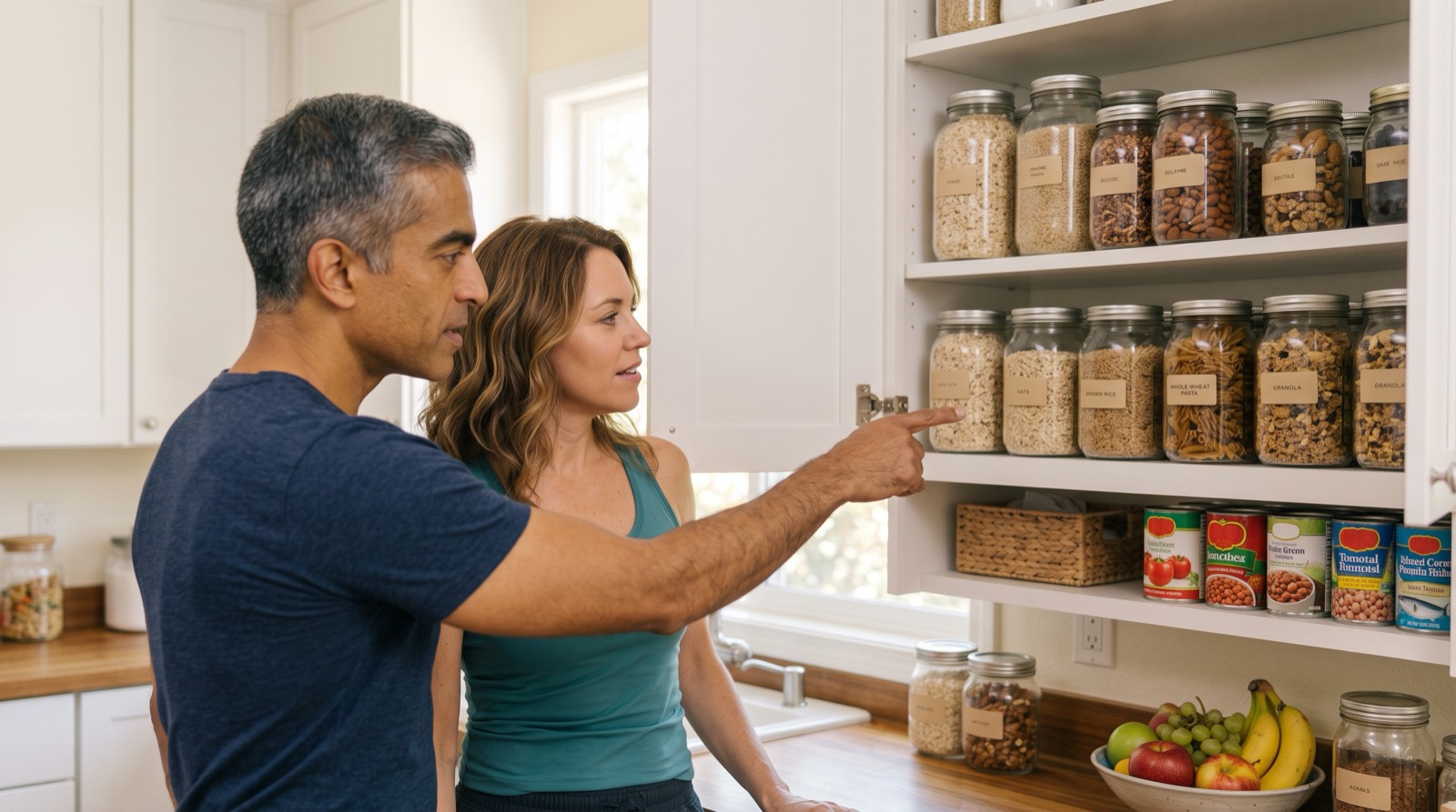 Trainer and client reviewing a stocked pantry of whole-food staples in a bright Miami kitchen
