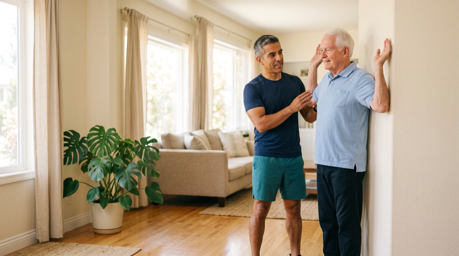 Certified trainer guiding an older adult man through a standing shoulder mobility stretch in a bright home living room