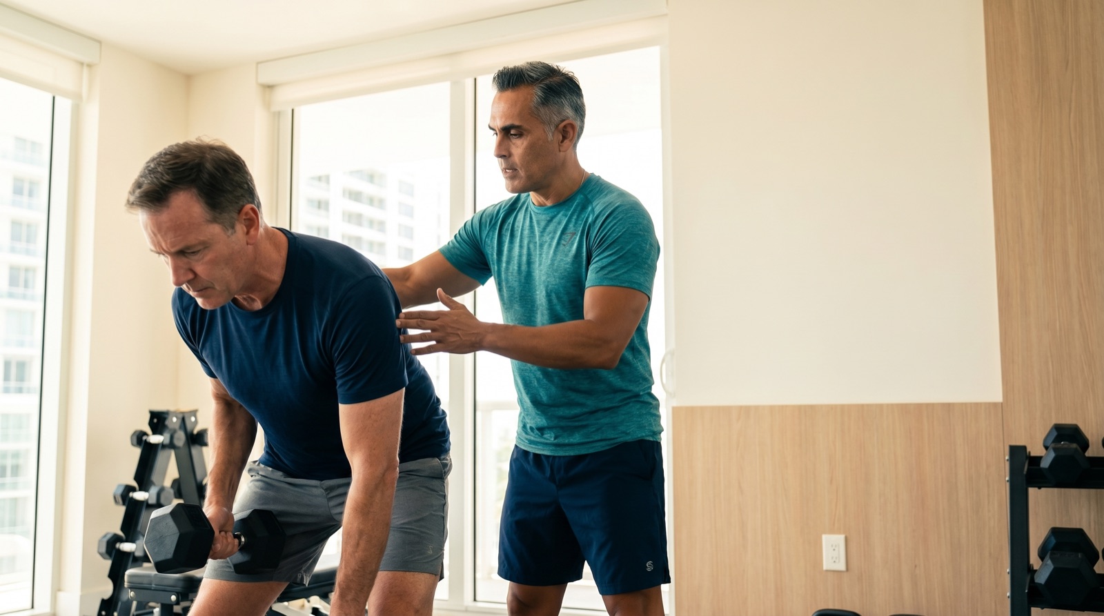 Personal trainer giving hands-on form correction to an adult client in a Miami condo gym
