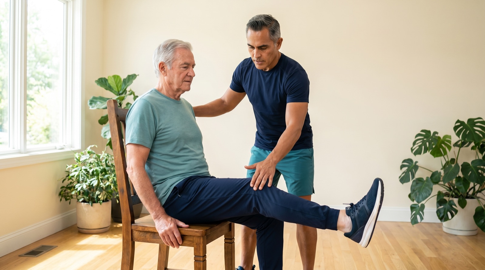 Older adult performing a seated leg-extension exercise on a chair while a certified trainer guides the movement