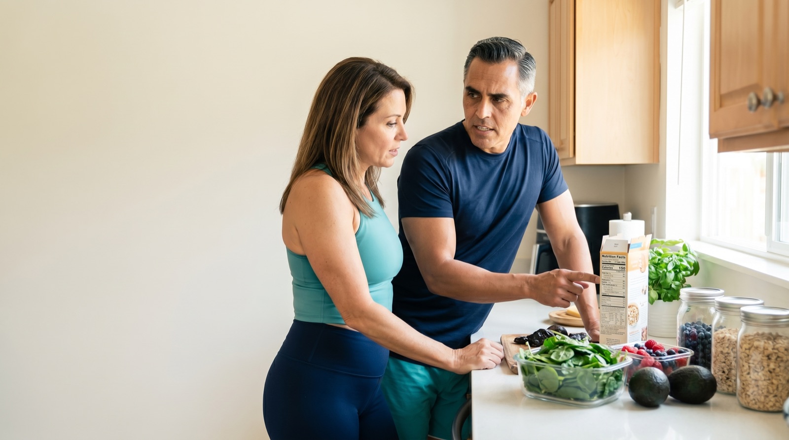 Sports nutrition coach reviewing fresh foods and a nutrition label with an adult client in a Miami kitchen