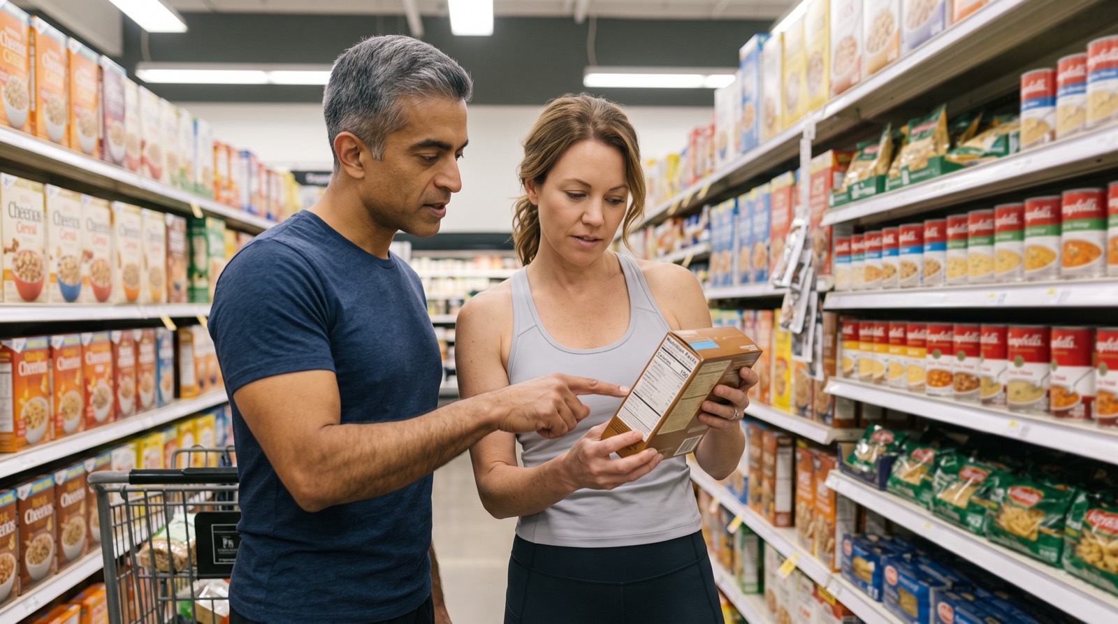 Sports nutrition coach helping a client read a nutrition facts label in a grocery store aisle