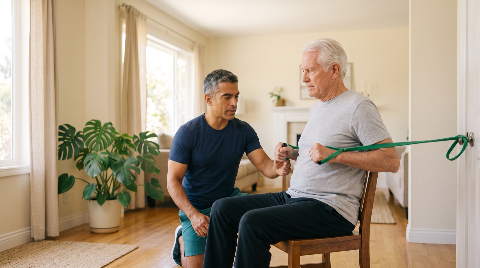 Trainer checking resistance band tension while an older adult man performs a seated row at home