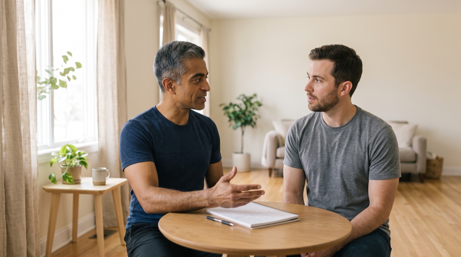 Entrenador personal conversando con un cliente durante una consulta en una sala de estar luminosa en Miami